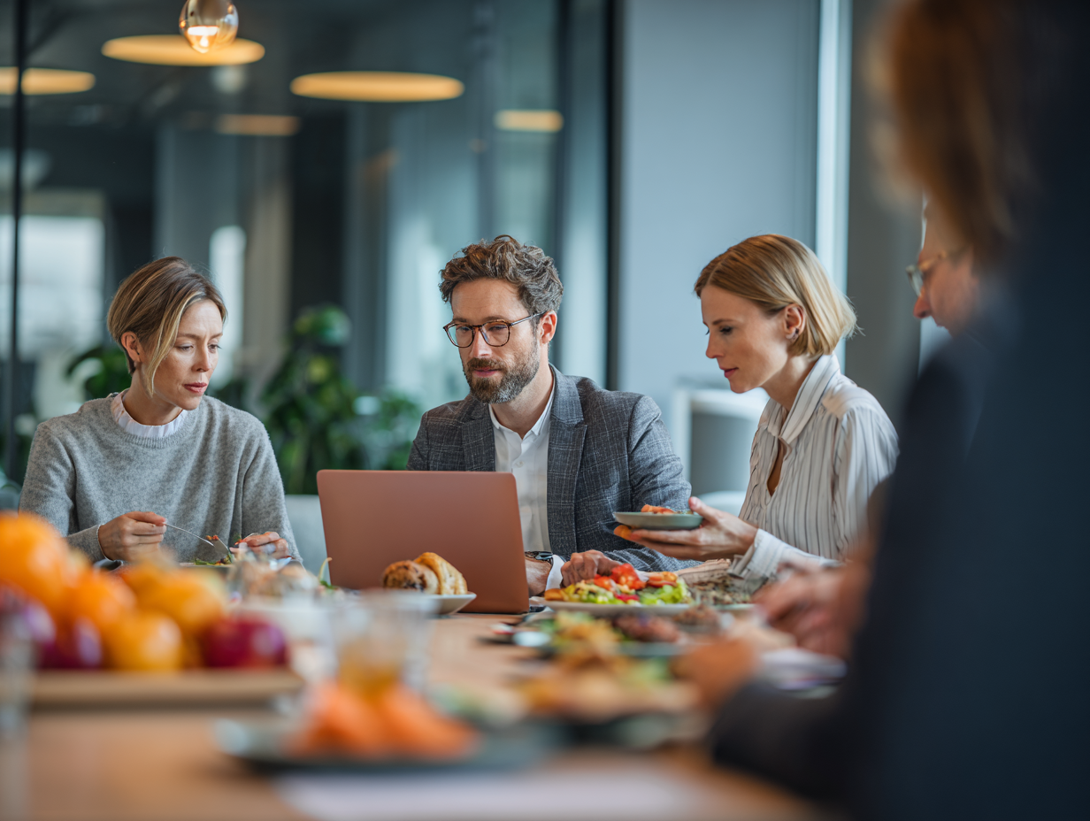Сімейний стіл з різноманітними здоровими стравами, свіжими овочами та фруктами