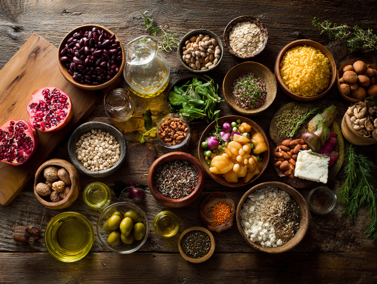 Різноманітні свіжі та здорові продукти харчування красиво розкладені на столі